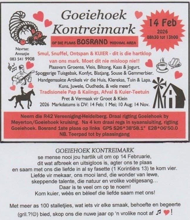 vaal meander, goeiehoek kontreimark, by op die plaas bosrand in midvaal