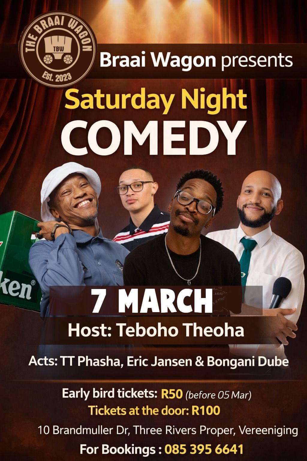 vaal meander saturday night comedy with tt phasha, eric jansen and bongani dube at the braaiwagon in vereeniging