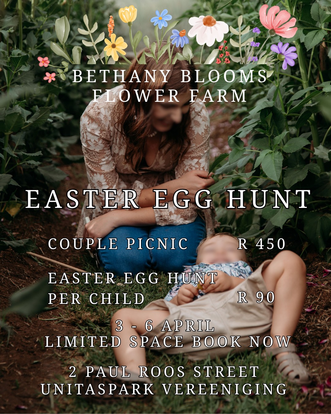 vaal meander easter egg hunt, couple picnic at bethany bloom flower farm vereeniging